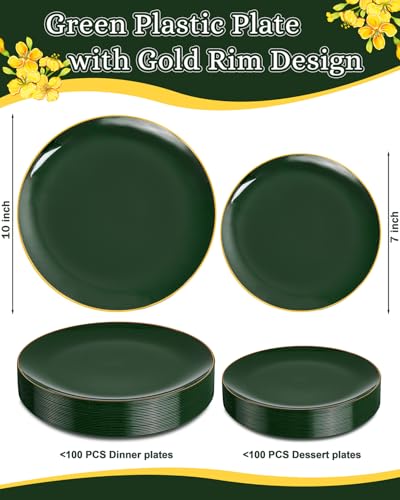 PULOTE 200PCS Green Plastic Plates - Heavy Duty Green Disposable Include 100 Each (10 inch Dinner & 7 inch Dessert) Plates for Christmas Party - color: Green, size: 200 PCS