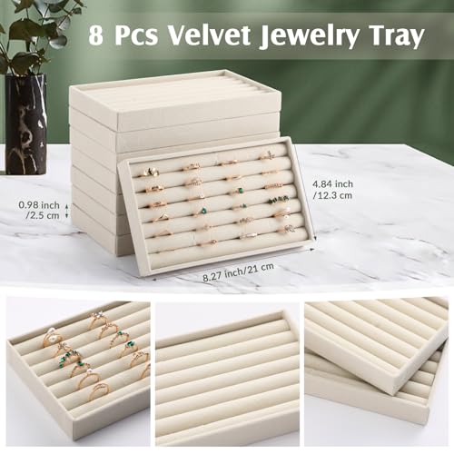 Highergo 8 Pcs Velvet Jewelry Trays Stackable Drawers Organizer Ring Earring Bracelet Necklace Storage Trays, 8.3x4.7x1''(7 Long Slots) - style: 7 Long Slots