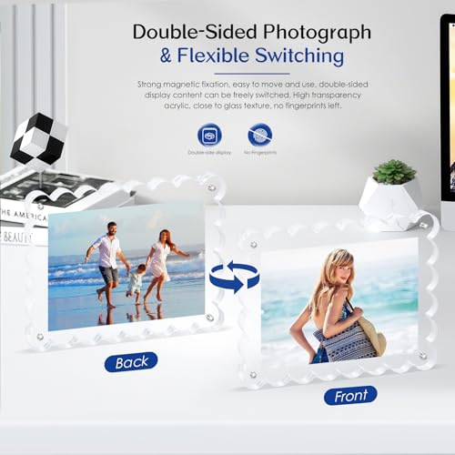 6Pack Acrylic Magnetic Photo Frame 5x7 Inch - Sleek Scalloped Design, 10+10mm Thick Crystal Clear Block, Freestanding Double-Sided Magnet |Trendy Home Gift (6 Pack, 5X7) - color: 6 Pack, size: 5X7