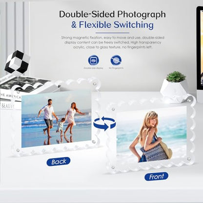 6Pack Acrylic Magnetic Photo Frame 5x7 Inch - Sleek Scalloped Design, 10+10mm Thick Crystal Clear Block, Freestanding Double-Sided Magnet |Trendy Home Gift (6 Pack, 5X7) - color: 6 Pack, size: 5X7