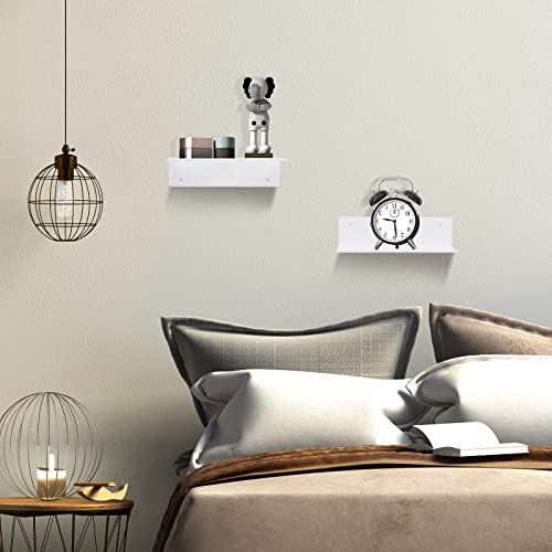 9 Inch Acrylic Floating Shelf No Drill Adhesive Wall Shelf Set of 2 for Funko Pop Storage, Floating Shelves Damage-Free Expand Wall Space for Living Room, Bathroom, Gaming Room, Office - White - color: White