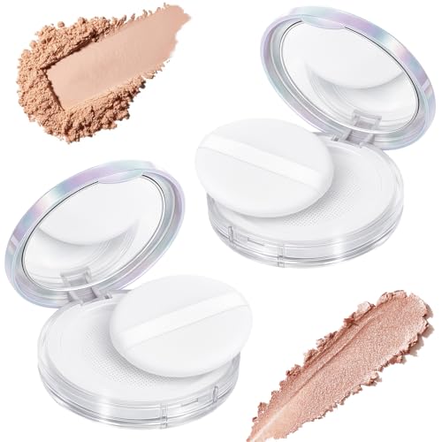 2-Pack Refillable Loose Powder Container with Puff & Mirror - 0.17 oz Travel Portable Empty Makeup Compact with Mesh for Women Girls, Iridescent Silver - color: Iridescent Silver