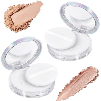 2-Pack Refillable Loose Powder Container with Puff & Mirror - 0.17 oz Travel Portable Empty Makeup Compact with Mesh for Women Girls, Iridescent Silver - color: Iridescent Silver