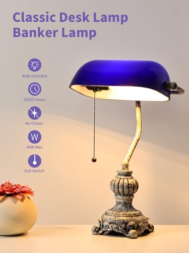 Retro Blue Glass Bankers Desk Lamp for Home Office,Library with Pull Chain Switch Plug in Fixture, LED Bulb Included - color: Antique +Blue