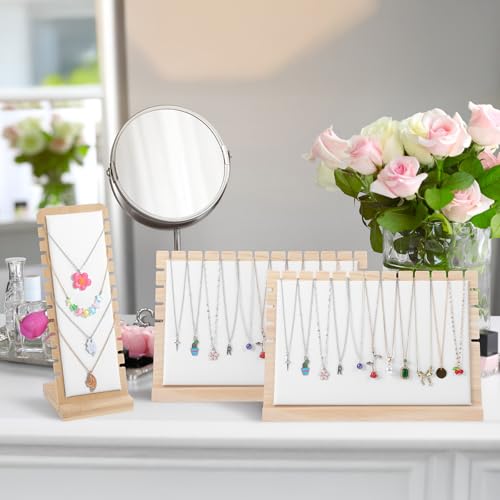 3 Pcs Necklace Display Stands for Selling, Bamboo Necklace Holder with PU Leather Panel Beige Multi-Tiered Jewelry Display Storage Set for Vendors and Home (11.8x7.9x3.3 Inch/10.6x3.9x3.7 Inch)