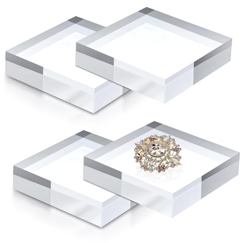 4Pcs Acrylic Blocks for Display 4 x 4 x 1 Inch Clear Acrylic Square Display Block Lucite Blocks Clear Polished Cube Risers Solid Jewelry Pedestal Stand for Jewelry Perfume Ring Collection Props Cake
