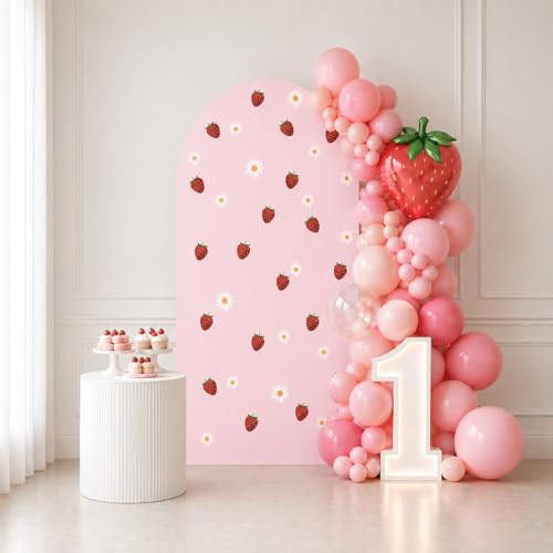 Strawberry Berry Shower First Baby Arch Backdrop Cover Pastel Pink Plaids Chiara Arched Stand Stretchy Cover for Birthday Party Decoratons (3x6ft,3277GX) - color: 3277GX, size: 3x6ft