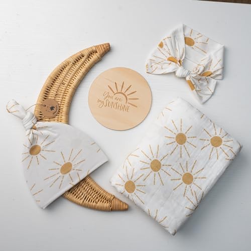 Miaoberry 100% Organic Cotton Baby Muslin Swaddle Blanket Set| Golden Boho Sunrays| Gender Neutral for Boys Girls|Yellow Mustard Orange Sun Rays| Hospital Newborn Receiving Blanket - color: Sunrays White