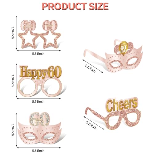 Guiruiy 24PCS 60th Birthday Paper Eyeglasses Decorations for Women, Pink Rose Gold Happy 60th Birthday Eyeglasses Party Supplies, Funny Sixty Year Old Birthday Glasses Photo Props Decor - style: Rose Gold 60th