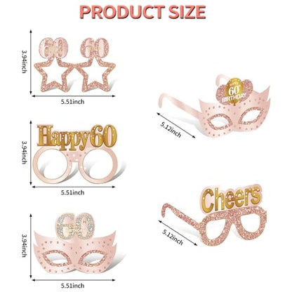 Guiruiy 24PCS 60th Birthday Paper Eyeglasses Decorations for Women, Pink Rose Gold Happy 60th Birthday Eyeglasses Party Supplies, Funny Sixty Year Old Birthday Glasses Photo Props Decor - style: Rose Gold 60th