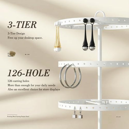 3 Tiers Metal Rotating Earring Holder Organizer Stand Adjustable Display Tree, 126 Holes Large Carousel Rack for Stud Hoop Pierced Dangling Women Girls, Perfect View for All Earrings (White) - color: White