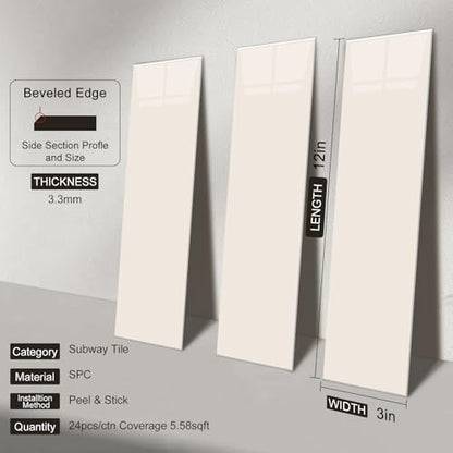 24-Pieces Peel and Stick Tiles for Kitchen Backsplash, New Upgrade Design 12" x 3"SPC Subway Backsplash Tiles, Cream Beige Premium Finger Tiles (White). - color: White, size: 10 Sheet
