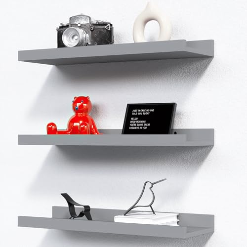 RICHER HOUSE 3 Set Floating Shelves for Wall, 16 inches Wall Mounted Shelves with Lip for Storage, Display Picture Ledge Shelf for Bedroom Bathroom Kitchen Living Room Decor, Modern Grey - color: Grey, size: 3pcs*15.75in