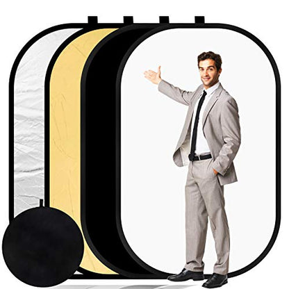 4 in 1 Collapsible Pop Up Backdrop Reflector Panel for Photographys 1.5x2 M/5x6.5feet Chromakey 100% Cotton Muslin Black White Reversible Photo Background Screen with Carry Bag