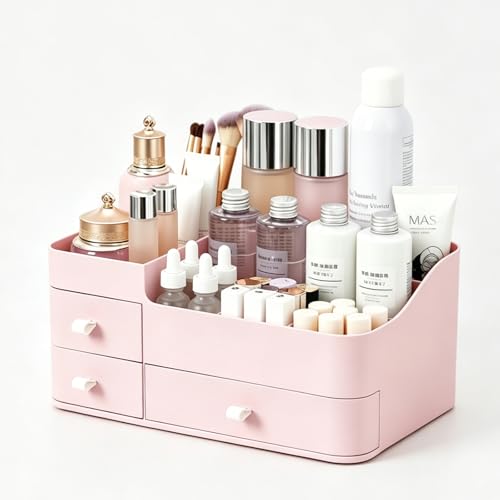 Makeup Organizer with Drawers, Bathroom Counter Organizer, Plastic Cosmetic Display Case, Large Skincare Storage for Vanity Countertop, Ideal for Bedroom Dresser top and Desktop - color: Pretty Pink