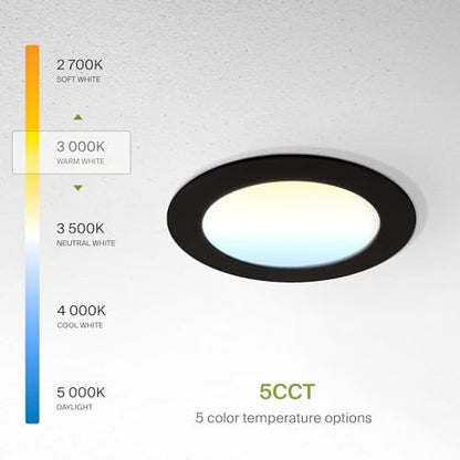 ASD 6 Pack LED Recessed Lighting 4 Inch 12W, 5 CCT 2700K-5000K CRI90+, IC Rated Ultra Thin Dimmable Ceiling Lights with J Box, Canless Wafer Downlight, Round Slim Panel Light, Energy Star ETL, Black - color: Black, size: 4 Inch 6 Pack