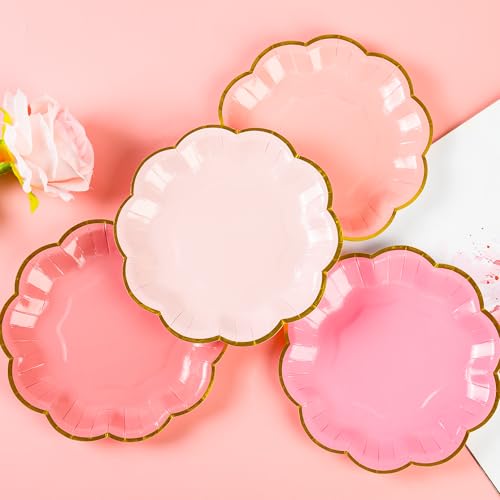 AimFun 48 Pcs Pink Party Plates Gradient Pink Dessert Paper Plates 7inch Gold Foil Scalloped Edge Disposable Cake Plates for Mothers Day Birthday Bridal Baby Shower Wedding Party Supplies - color: Pink