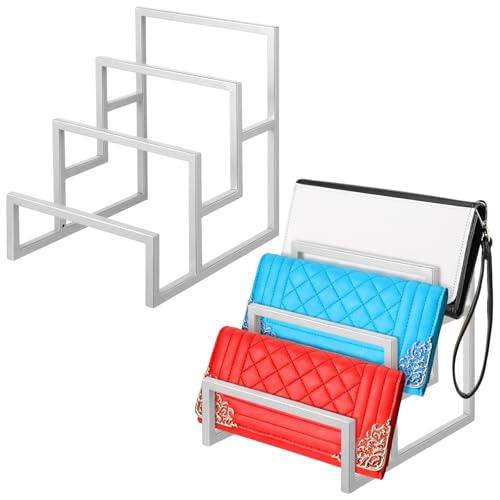 DoubleFill 2 Pack Purse Organizer for Closet Display 3 Layer Riser Stand Clutch Purse Organizer Display Metal Wallet Rack for Handbag Home Retail Boutique Store Supplies - color: Silver, size: 3 Layer