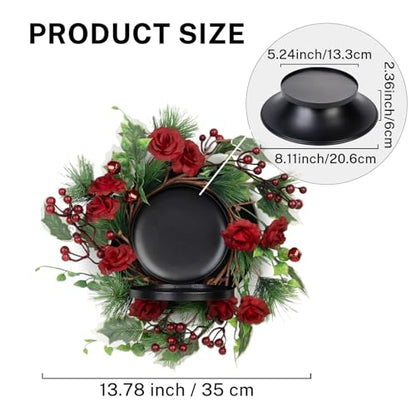 MOYEE Candle Holder Centerpieces for Tables,Candle Ring,Wreaths, Black Metal Candle Stick Paired Artificial Flowers 14 in Versatile Dining Table Centrepiece - color: Rose and Pine Needle Wreath