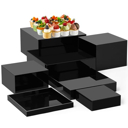Leinuosen 7 Pcs Large Buffet Risers Set 6" to 12" Acrylic Display Box Catering Dessert Table Riser Food Display Decorative Stand with Hollow Bottom for Catering Supplies(Black, Square) - color: Black, size: 6" to 12", style: Square