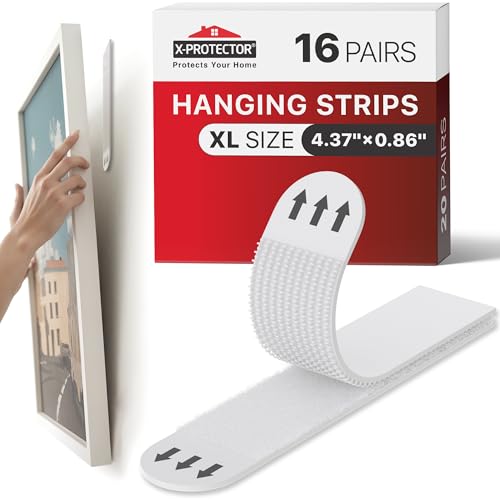 X-Protector Picture Hanging Strips - 16 Pairs Damage Free Picture Hangers - Self Adhesive Hangers Without Nails - Heavy Duty Wall Hanging Strips - Wall Sticky for Hanging Up to 25 LBS (Size XL) - size: XL