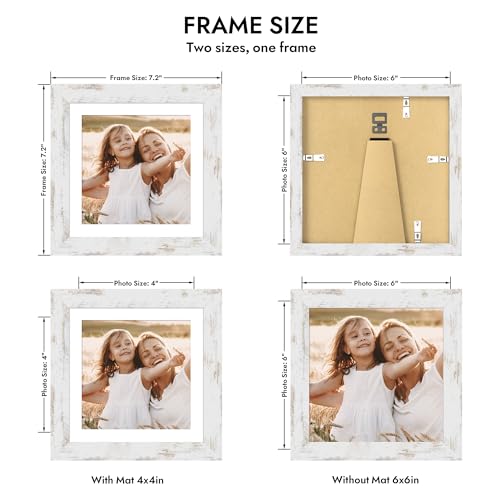 Hongkee 6x6 Picture Frame with Glass, Display Pictures 4x4 with Mat or 6 x 6 without Mat - Wall and Tabletop, 6 by 6 Photo Wooden Frames (Distressed White, 1 Pack) - color: Distressed White, size: 6X6 in