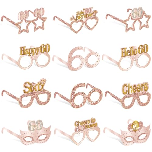 Guiruiy 24PCS 60th Birthday Paper Eyeglasses Decorations for Women, Pink Rose Gold Happy 60th Birthday Eyeglasses Party Supplies, Funny Sixty Year Old Birthday Glasses Photo Props Decor - style: Rose Gold 60th