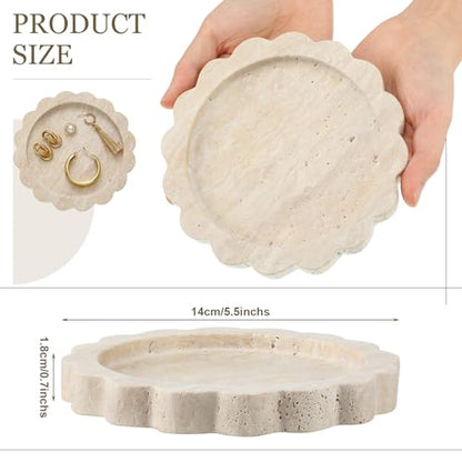 Threehoney 5.5 Inch Small Travertine Scallop Edge Stone Tray Marble Jewelry Dish Trinket Tray for Women, Perfume, Coffee Table(Round) - style: Round