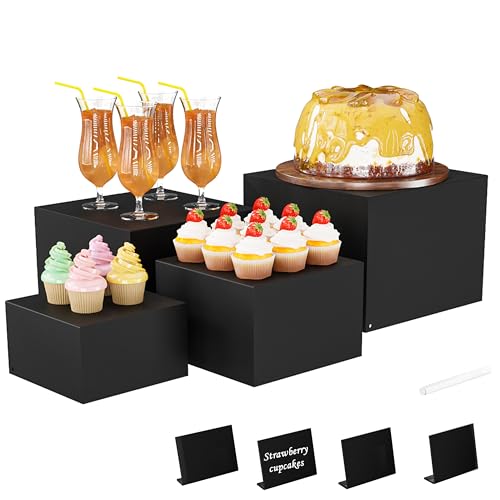 Metal Buffet Risers,4PCS Food Risers for Buffet Table 5in to 8in Display Stand with Mini Acrylic Signs for Catering Dessert Collectibles Jewelry Figures Show Matte Black Cube Boxes Nesting Risers with Hollow Bottoms - color: Matte Black, size: Regular(5IN