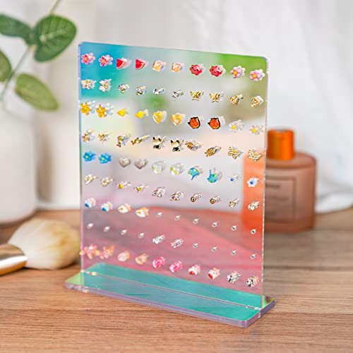 NiHome Acrylic Earring Stand 3PCS, Exquisite Double-Sided Acrylic Earring Organizer with 90 Holes Each - Lightweight and Sturdy Material, Unique Design with Larger Holes for Special Sizes - color: Iridescent-Square Base
