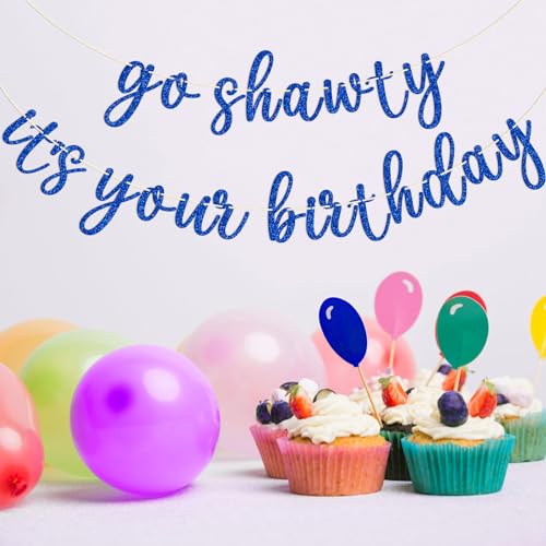 Go Shawty It's Your Birthday Banner, Hip Hop Birthday Party Decorations Supplies, Rap Theme Bday Bunting Sign, Pre-strung, Photo Props (Blue) - color: Blue