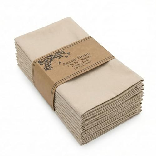 ACCENTHOME Accent Home 100% Cotton Napkins, Delicate Cloth Napkins for Dinners, Parties and Weddings，18 x 18 Inch Set of 12 - Natural - color: 01 - Natural - Twill, size: 18"x18" - Pack of 12