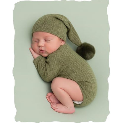 Newborn Photography Props, Infant Photoshoot Outfit Romper & Pom Pom Hat for Baby Boys Girls - color: Matcha Green
