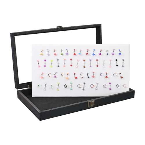 MOOCA Temper Glass Top Jewelry Display Case with Tempered Glass Lid and 54 Clip Body Jewelry Display Pad for Belly Button Rings, Tongue Rings, and Industrial Barbell Organizer, Black Tray-White Pad - color: White Pad with Black Wood Case