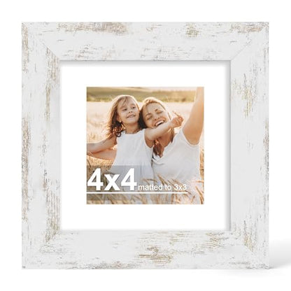 Hongkee 4x4 Picture Frame with Glass, Display Pictures 3x3 with Mat or 4 x 4 without Mat - Wall and Tabletop, 4 by 4 Photo Wooden Frames (Distressed White, 1 Pack) - color: Distressed White, size: 4X4 in