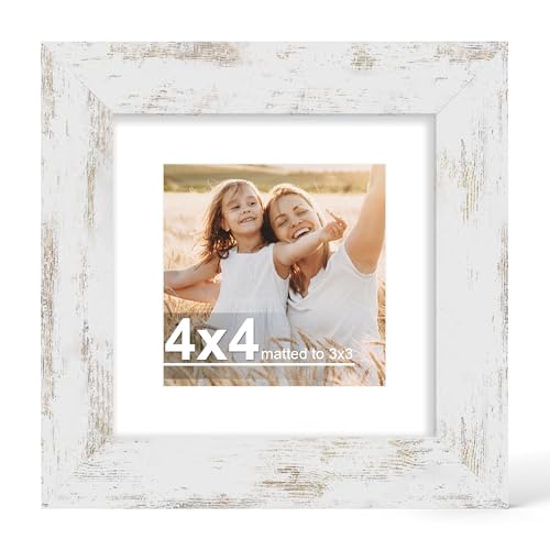 Hongkee 4x4 Picture Frame with Glass, Display Pictures 3x3 with Mat or 4 x 4 without Mat - Wall and Tabletop, 4 by 4 Photo Wooden Frames (Distressed White, 1 Pack) - color: Distressed White, size: 4X4 in