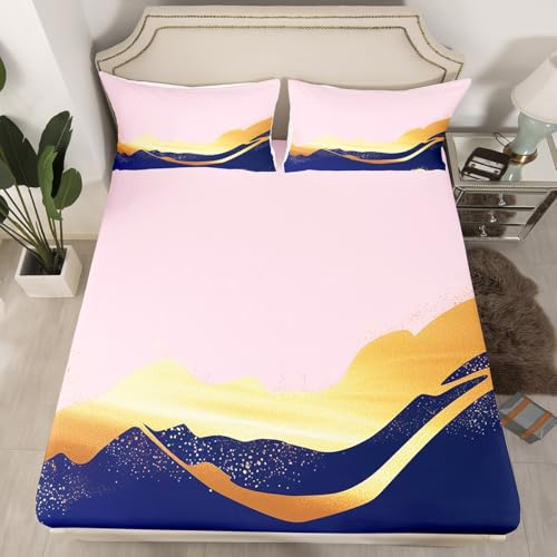 Feelyou Pink Navy Blue and Gold Bed Sheets Set Pink Gold Abstract Art Fitted Sheet Modern Marble Aesthetic Bedding Set for Boys Girls Abstract Art Bed Cover Twin Size with 1 Pillow Case - color: Multi 16, size: Twin