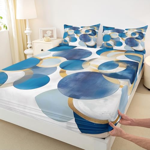 Erosebridal Blue and Gold Full Bed Sheets for Kids Boys Girls Contemporary Decoration Fitted Sheet,Minimalist Stylish Bedding Sets Modern Abstract Sheets with 2 Pillowcases - color: White Blue Gold, size: Full(No Top Sheet)