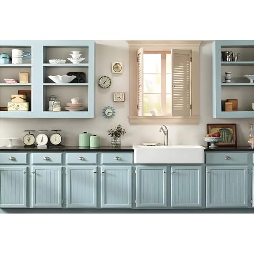Laeacco 9x6ft Modern Kitchen Backdrop Kitchen Interior Light Blue Cabinet Tableware Photography Background Home Cuisine Cooking Baking Party Cake Table Decor Kids Adults Portrait Photo Booth Props - size: 9x6ft