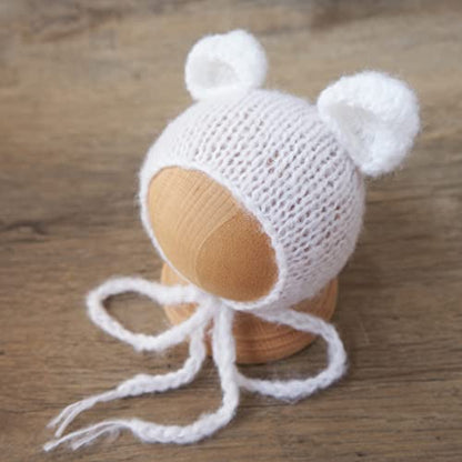 Zeroest Newborn Boy Photoshoot Outfits and Props Bear Bonnet with Footed Romper Infant Baby Photography Crochet Knitted Set - color: White