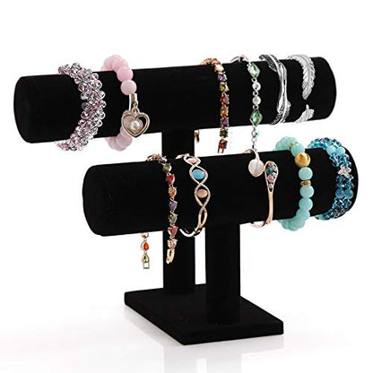PowerKing 2 Tier Velvet Jewelry Stand Display, T-Bar Jewelry Organizer, Bracelet Holder for Bracelet Necklace Watch - style: Black 2 Tier