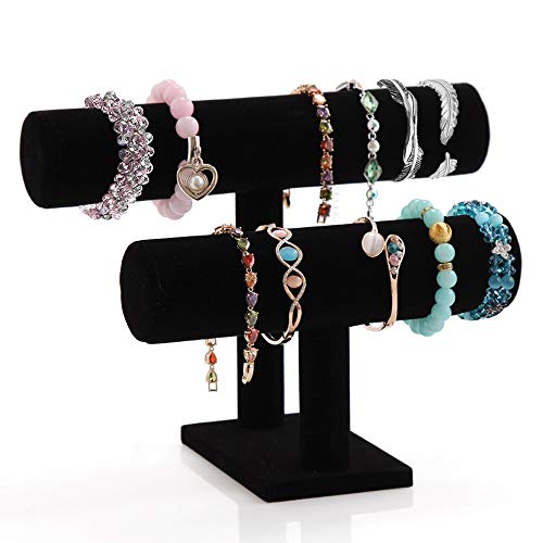PowerKing 2 Tier Velvet Jewelry Stand Display, T-Bar Jewelry Organizer, Bracelet Holder for Bracelet Necklace Watch - style: Black 2 Tier