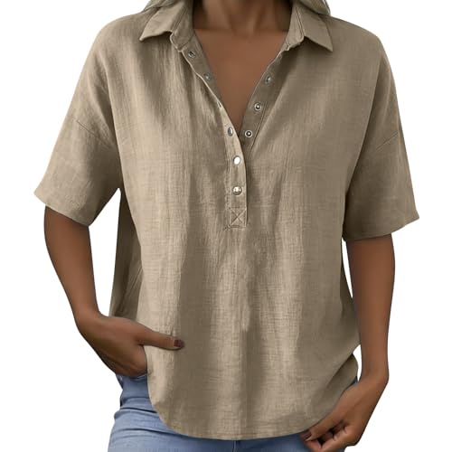 Cotton Linen Shirts for Women 2026 Summer Gauze Shirts Button Down V Neck Half Sleeve Blouses Dressy Casual Clothes - color: Coffee, size: Medium