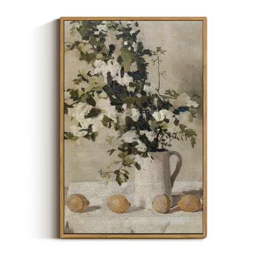 VIYYIEA Floral Large Framed Wall Art, Flowers and Lemons Vintage Art Decor Room Aesthetic, 16X24 Inch Canvas Print Artwork, Farmhouse Still Life Painting Wall Decor for Bedroom Bathroom Office - color: Flowers and Lemons, size: 24"L x 16"W