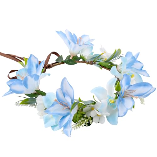 Hawaiian Flower Crown Headband, Blue Tropical Leis Floral Headpiece, Artificial Hawaii Flower Hair Accessories with Ribbon for Women Hula Dance Party Costume Beach Pool Vacation Favors - color: Blue