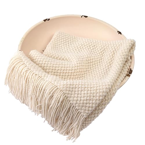 Zeroest Baby Photography Props Basket Braid Wool Wrap Newborn Photo Shoot Baskets Filler Posing Stuffer Background Blanket (Creamy) - color: Creamy