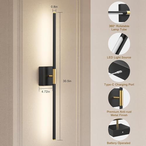 SAIMAND Wall Sconces Set of 2 Battery Operated, Wireless USB Rechargeable Wall Lights with Remote Control, 360° Rotation, 8000mAh LED Dimmable Picture Lamp for Living Room,Bedroom,Hallway (30in Black) - color: Black