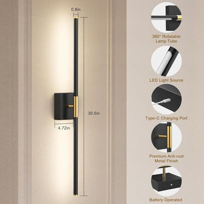 SAIMAND Wall Sconces Set of 2 Battery Operated, Wireless USB Rechargeable Wall Lights with Remote Control, 360° Rotation, 8000mAh LED Dimmable Picture Lamp for Living Room,Bedroom,Hallway (30in Black) - color: Black