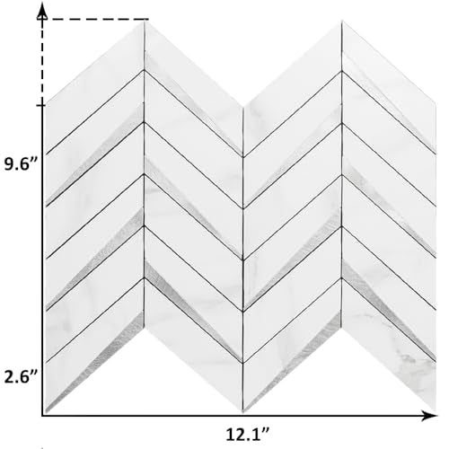 DICOFUN 10-Sheet Herringbone Tile Peel and Stick Backsplash, Polished White Marble PVC Mixed Metal Silver Stick on Backsplash for Kitchen and Bathroom Wall - color: Polished White Marble and Metal Silver, size: 10 Sheets, 12"x12"x0.12"