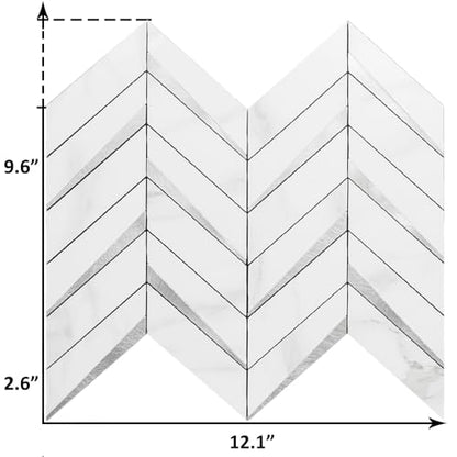 DICOFUN 10-Sheet Herringbone Tile Peel and Stick Backsplash, Polished White Marble PVC Mixed Metal Silver Stick on Backsplash for Kitchen and Bathroom Wall - color: Polished White Marble and Metal Silver, size: 10 Sheets, 12"x12"x0.12"